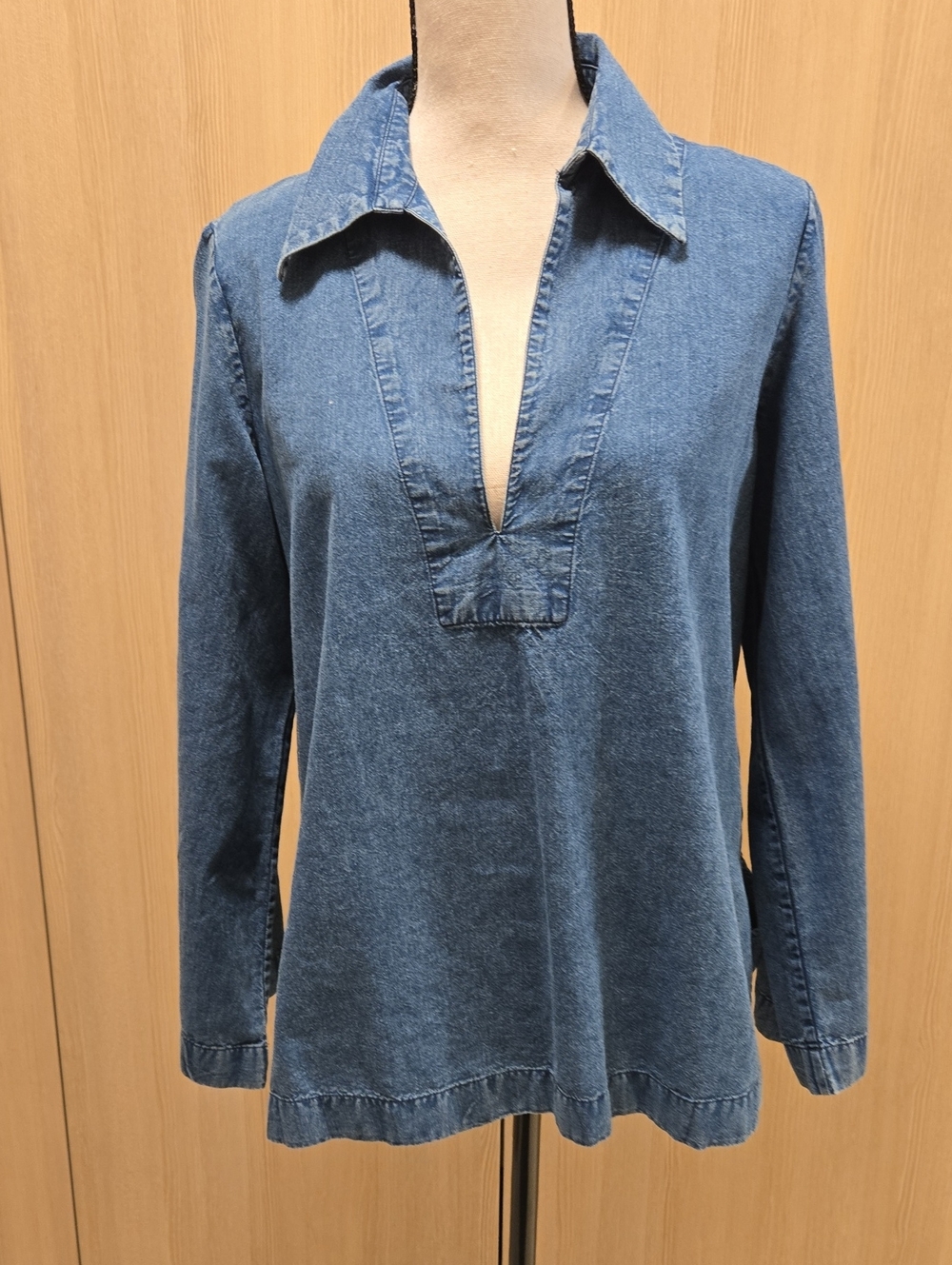 Nili Lotan Blue Denim Plunge Button-Down Shirt